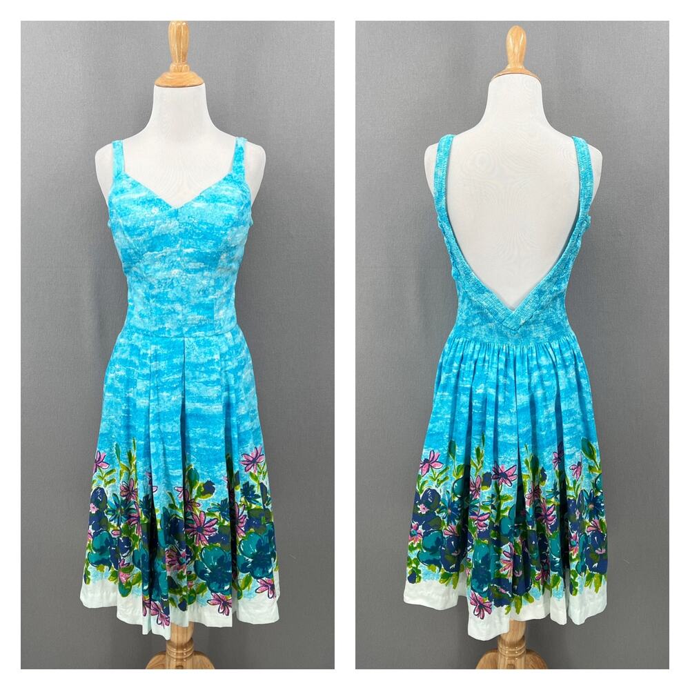 VINTAGE SUN FASHIONS Hawaii Dress Womens Small Blue Fit and Flare Low Back